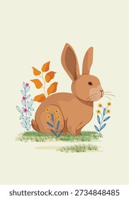 Cute bunny on flower and branch easter drawing vector illustration. Rabbit cartoon character design for celebration, Easter greetings.