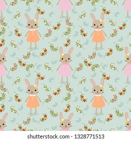 Cute bunny on flower seamless pattern.