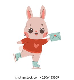 Cute bunny on ice skates with love letter vector