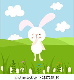 Cute bunny on the meadow. Easter Egg hunt. Ideal for poster, greeting card, invitation, sticker, web site, print. Happy easter card. Traditional symbol.