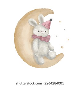 Cute bunny on the moon with little stars, watercolor vector illustration