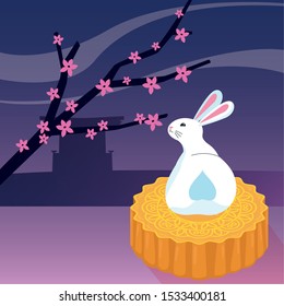 cute bunny on a mooncake over purple background. happy mid autumn festival colorful design, vector illustration