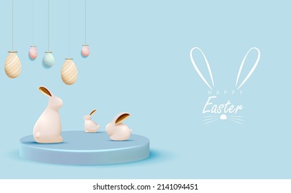 Conejito lindo en el podio con un patrón colgante Ilustración vectorial de Huevos. Feliz diseño de Pascua con concepto creativo 3D para pancarta y afiche promocional