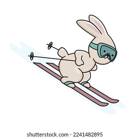 Cute bunny on ski. Vector color isolated illustration in outline style with winter outdoors activity.