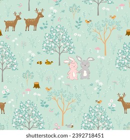 Cute bunny on spring forest seamless pattern,springtime with cute animals on pastel background,vector illustration