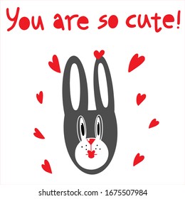 Cute Bunny on a transparent background with hearts and the inscription you are so cute