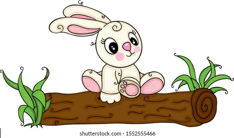 Cute bunny on tree stump trunk

