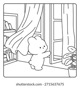 Un conejito lindo que abre la ventana y cortinas flotando suavemente para colorear página para adultos y niños. Acogedora página para colorear de un conejo lindo que abre la ventana y las cortinas flotando suavemente. Linda y acogedora ilustración para colorear. Estilo de ilustración de libro de cuentos para niños. Habitación interior con estanterías y plantas. Linda y sencilla página para colorear.