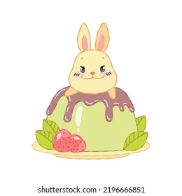 Cute Bunny And An Oriental Matcha Green Tea Dessert. Flat Cartoon Illustration Of A Little Rabbit Sitting On A Panna Cotta With Chocolate Sauce Isolated On A White Background. Vector 10 EPS.