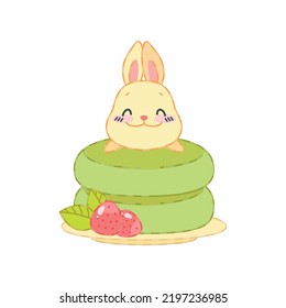 Cute bunny and an oriental matcha green tea dessert. Flat cartoon illustration of a little rabbit sitting on a stack of pancakes isolated on a white background. Vector 10 EPS.