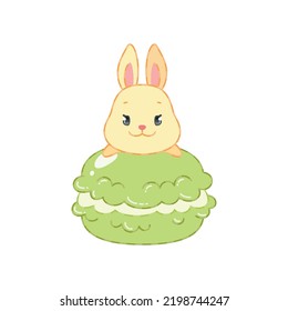 Cute bunny and an oriental matcha green tea dessert. Flat cartoon illustration of a little rabbit sitting on a macaroon isolated on a white background. Vector 10 EPS.