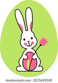 Cute bunny with painted easter egg and tulip flower, small icon in three colors, black line, pink and green