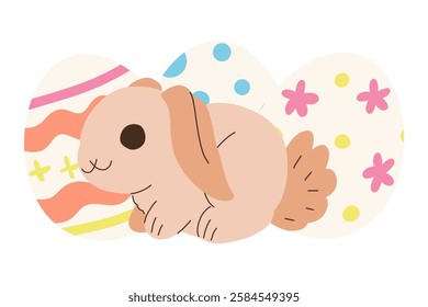 Cute bunny with painted Easter eggs isolated on white background. Little cartoon rabbit with decorated eggs. Colored flat vector card illustration.