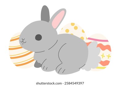 Cute bunny with painted Easter eggs isolated on white background. Little cartoon rabbit with decorated eggs. Colored flat vector card illustration.