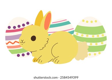 Cute bunny with painted Easter eggs isolated on white background. Little cartoon rabbit with decorated eggs. Colored flat vector card illustration.