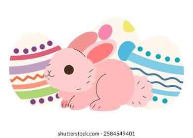 Cute bunny with painted Easter eggs isolated on white background. Little cartoon rabbit with decorated eggs. Colored flat vector card illustration.