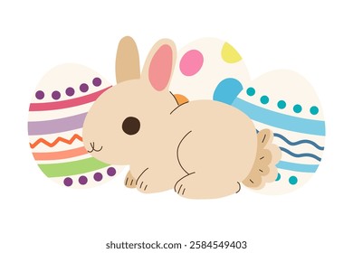 Cute bunny with painted Easter eggs isolated on white background. Little cartoon rabbit with decorated eggs. Colored flat vector card illustration.