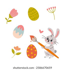 Cute bunny painting colorful Easter eggs surrounded by flowers and decorations in a festive spring setting
