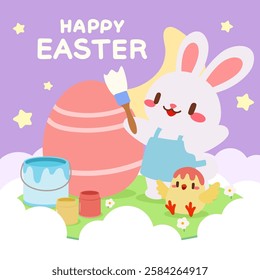 Cute Bunny Painting Easter Egg with Chick. Adorable Easter Bunny Decorating Giant Egg. Happy Easter Illustration with Bunny and Chick Painting.