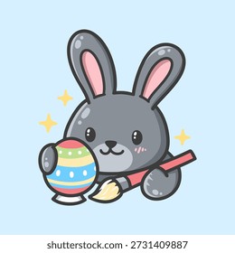 Conejito lindo que pinta una ilustración del huevo de Pascua para el icono, la etiqueta engomada y otros usos, Vector dibujado a mano