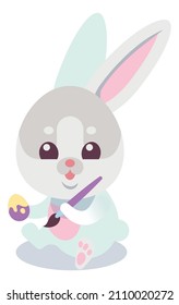 Cute bunny painting eggs. Easter preparation in cartoon style