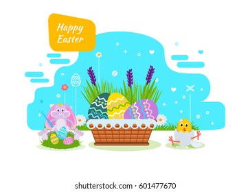 Cute bunny paints Easter eggs with a brush and paint, next to the basket, a chick hatched from the egg. Vector illustration. Can be used in banners, invitation, postcards, poster.