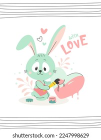 Cute bunny paints a heart. With love. St. Valentine's Day. Animal vector illustration for greeting card, invitation, print