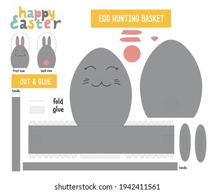 Cute bunny paper basket for Easter activity. Do your funny basket for egg hunting game. Printable worksheet, cut and glue