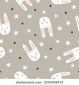 Cute bunny patteern. Vector easter seamless print with rabbits and stars