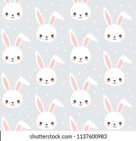 Cute bunny pattern. Cartoon rabbit head and dots. Vector seamless background for baby, child.