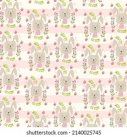 diseño lindo de patrones de conejo con flores y hojas. adecuado para el diseño de fondo del hogar, tarjetas de amor, mantas, guardería, póster, tarjeta de felicitación de cumpleaños y envoltura de regalo