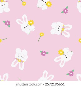 cute bunny pattern with flower on pink background