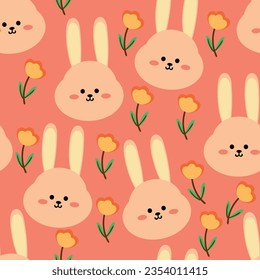 Cute bunny pattern, and flowers, cartoon seamless background, vector illustration, wallpaper, textile, bag, garment, fashion design