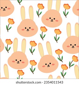 Cute bunny pattern, and flowers, cartoon seamless background, vector illustration, wallpaper, textile, bag, garment, fashion design
