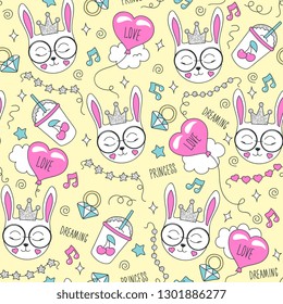 Cute bunny pattern on yellow background. Colorful trendy seamless pattern. Fashion illustration drawing in modern style for clothes. Drawing for kids clothes, t-shirts, fabrics or packaging.