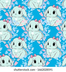 Cute bunny pattern. Print design for textiles. Vector. Rabbit and flowers.