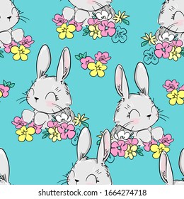 Cute bunny pattern . Print design for textiles. Vector. Rabbit and flowers. Blue background.