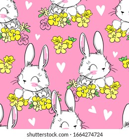 Cute bunny pattern. Print design for textiles. Vector. Rabbit and flowers. Pink background.