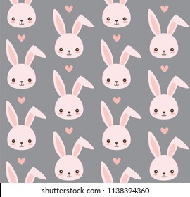 Cute Bunny Pattern. Rabbit Head Vector Seamless Background. Bunny Face With Hearts. Valentine's Day. 