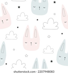 Cute bunny pattern. Rabbit head vector seamless background for baby, child.