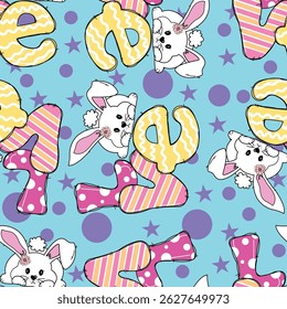 Cute bunny pattern with the word love on a seamless background with stars