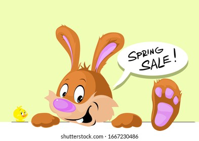 Cute Bunny Peeking Out from White Design with Spring Sale Bubble - Funny Vector Illustration