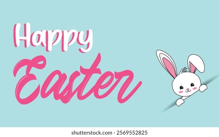 A Cute Bunny Peeking Out to Wish You a Happy Easter with Pastel Pink Lettering on a Light Blue Background, Perfect for Holiday Greeting Cards