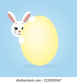 A cute bunny peeping out from behind a giant egg, a white Easter rabbit with a yellow egg on a green background