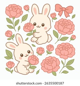 Cute bunny and peony sticker set in pastel colors. Perfect for kids, scrapbooking, stationery, greeting cards, planners, packaging, printable stickers. Flat vector illustration on white background