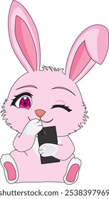 Cute bunny with phone cheeky smile, rabbit character mascot