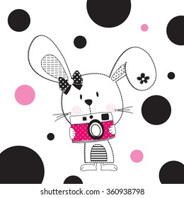 cute bunny with photo camera, photographer bunny girl, T-shirt design vector illustration