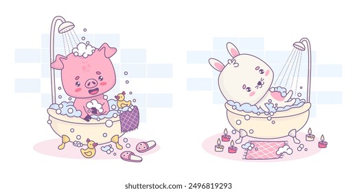 Cute bunny and pig bathes, rests in bubble bath. Isolated whimsical relaxed in bathroom is shower cartoon kawaii animals character. Vector illustration. Kids collection.