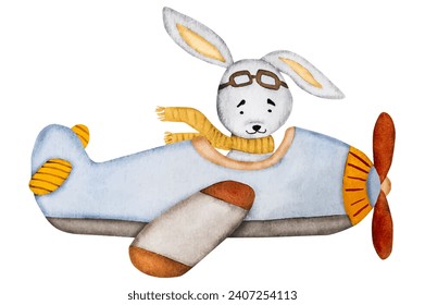 Cute bunny pilot flying in plane watercolor painting for postcard. Cartoon rabbit aquarelle drawing for children baby decoration