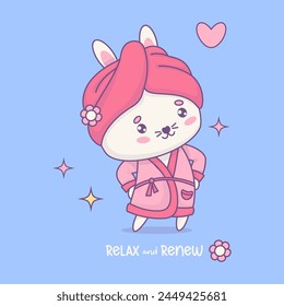 Cute bunny in pink bathrobe and with towel on his head after bath time. Funny cartoon kawaii character animal. Vector illustration. Kids collection
